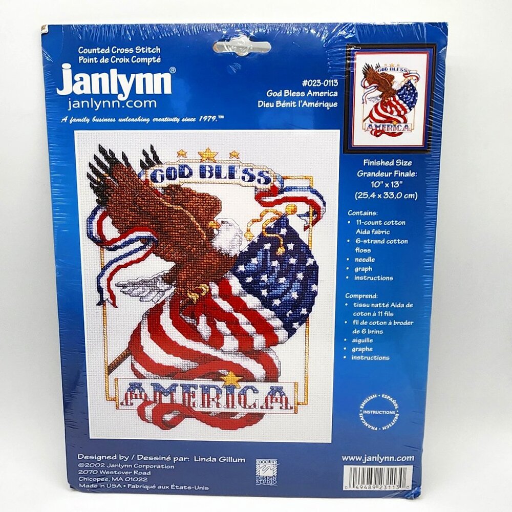 DIY 2002 God Bless America Eagle Flag Counted Cross Stitch KIT Janlynn #023-0113